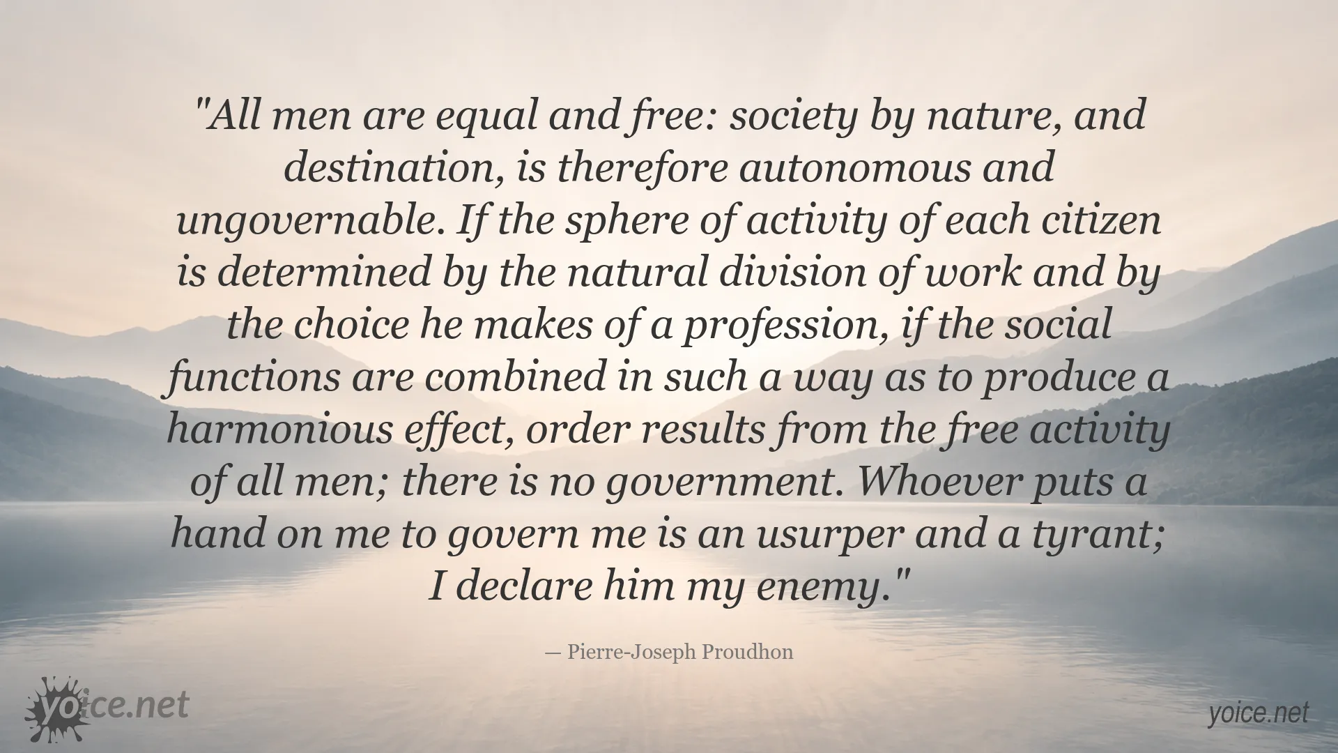 Quote image featuring Pierre-Joseph Proudhon's ideas on equality, freedom, and government