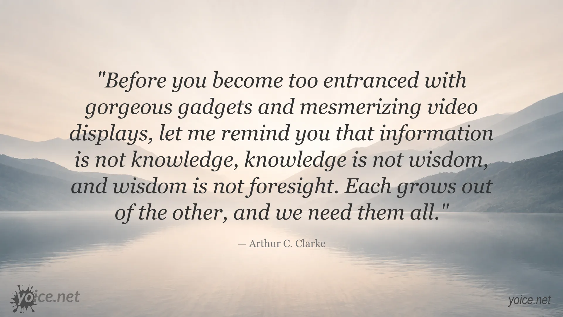 Inspirational Arthur C. Clarke quote about information, knowledge, wisdom, and foresight