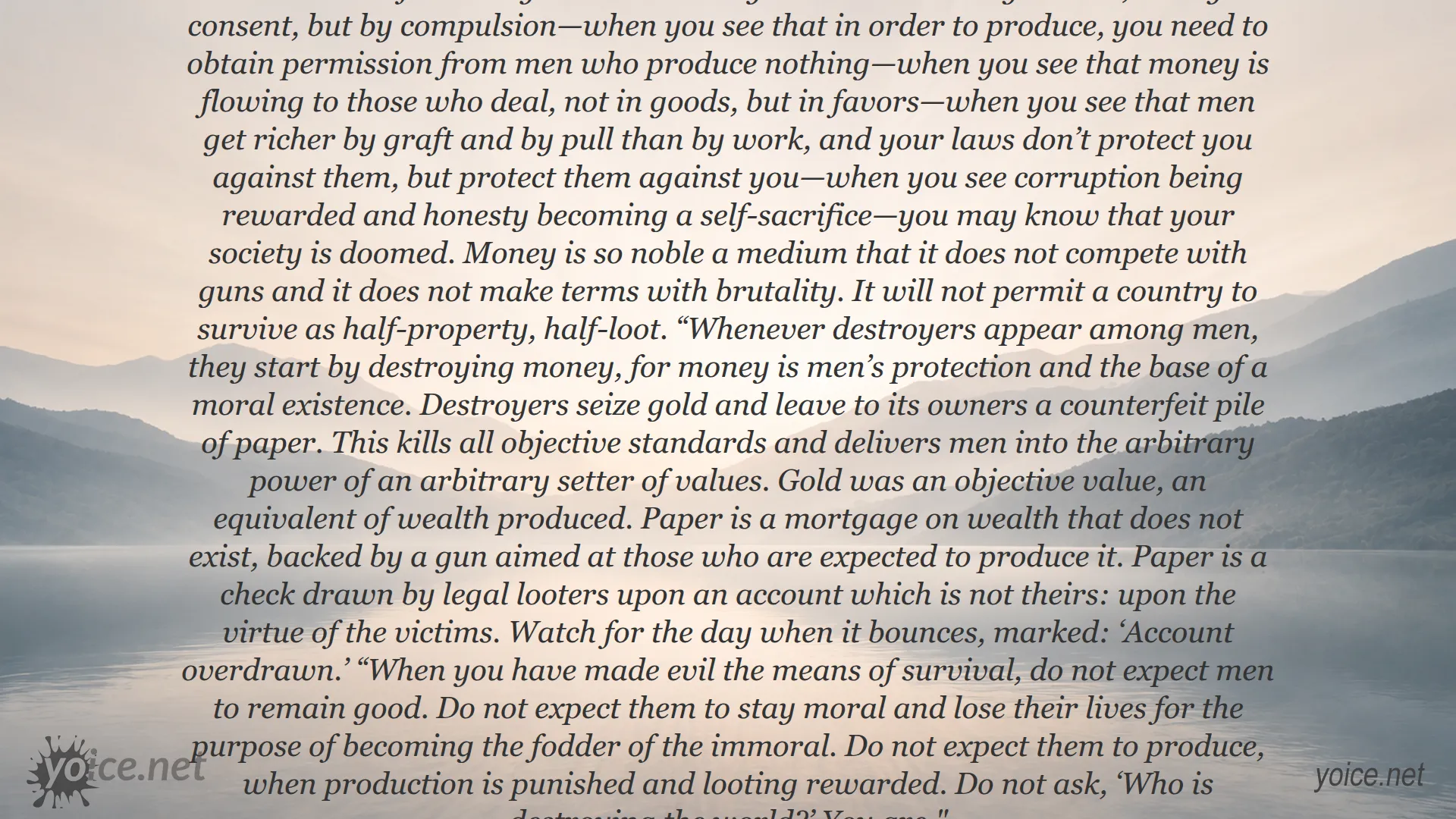 Quote by Ayn Rand on money, morality, and society's demise from Atlas Shrugged