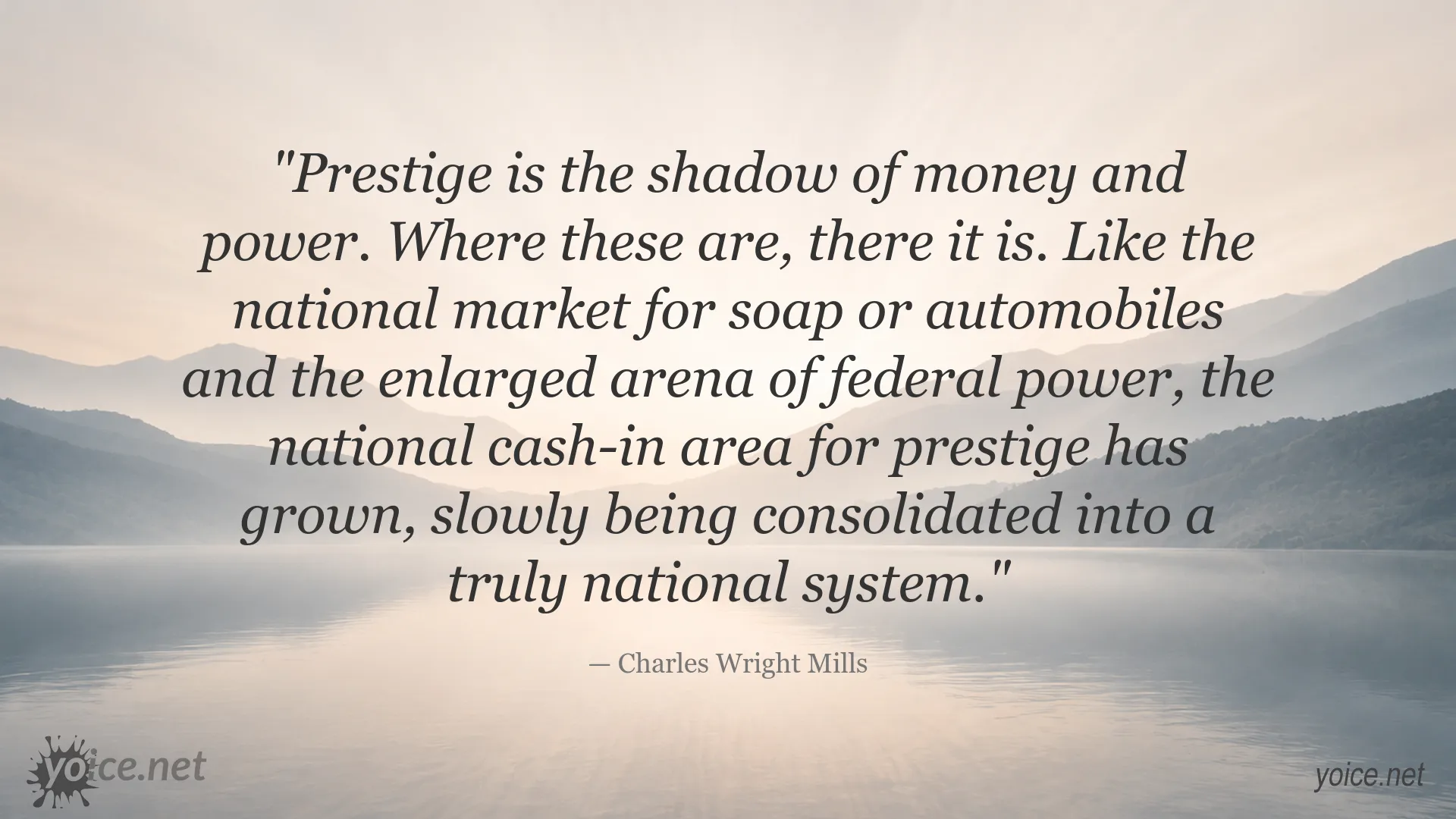 Quote image featuring Charles Wright Mills on the connection between prestige, money, and power