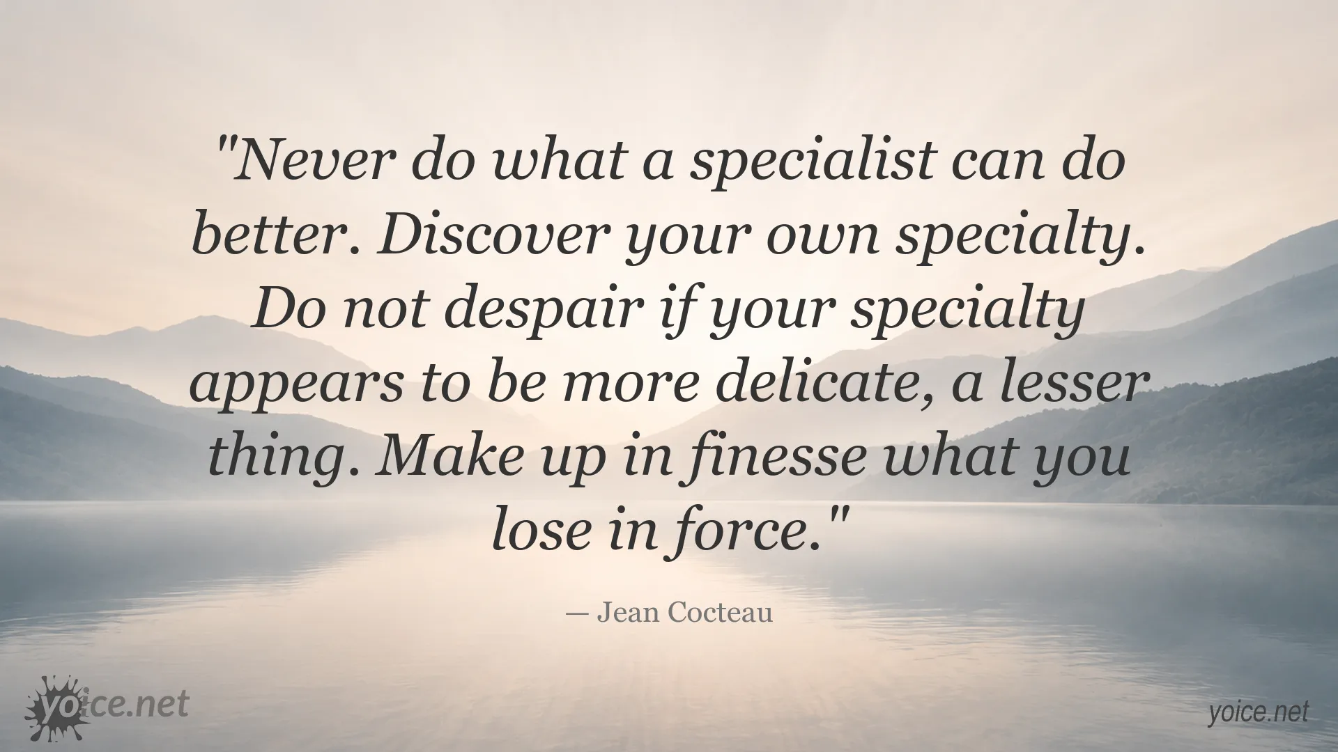 Quote graphic featuring Jean Cocteau's advice about finding your own specialty