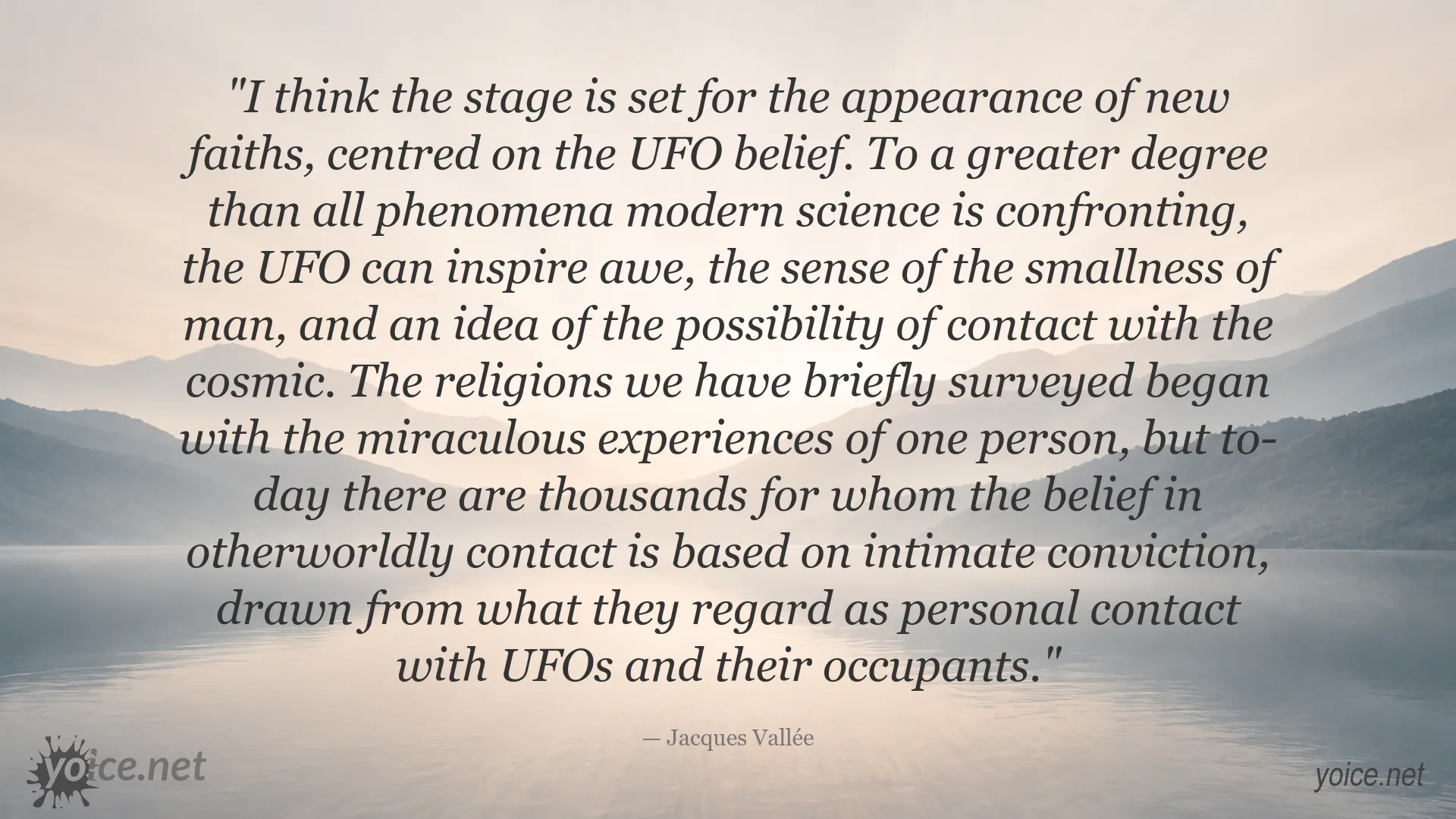 Quote image featuring Jacques Vallée on UFO beliefs and emerging faiths