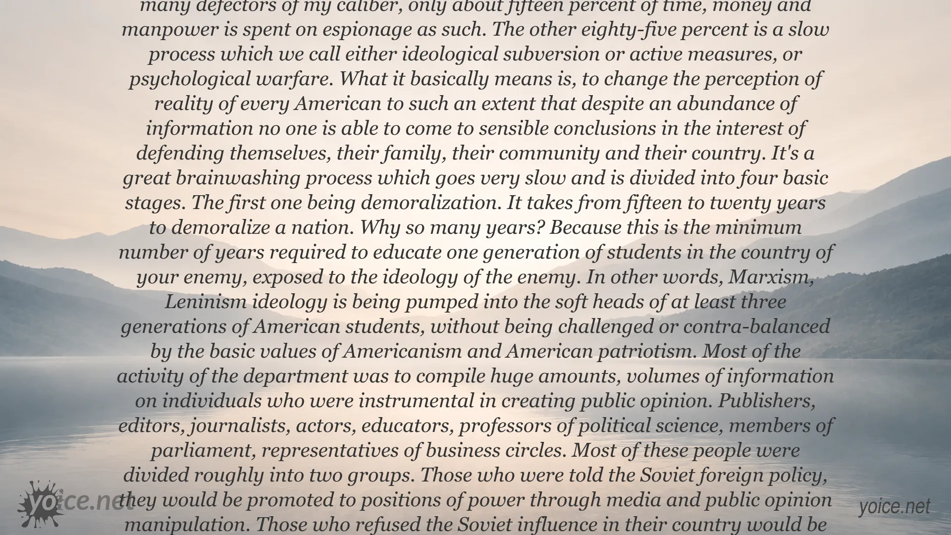 Juri Besmenow quote about ideological subversion, brainwashing, and psychological warfare