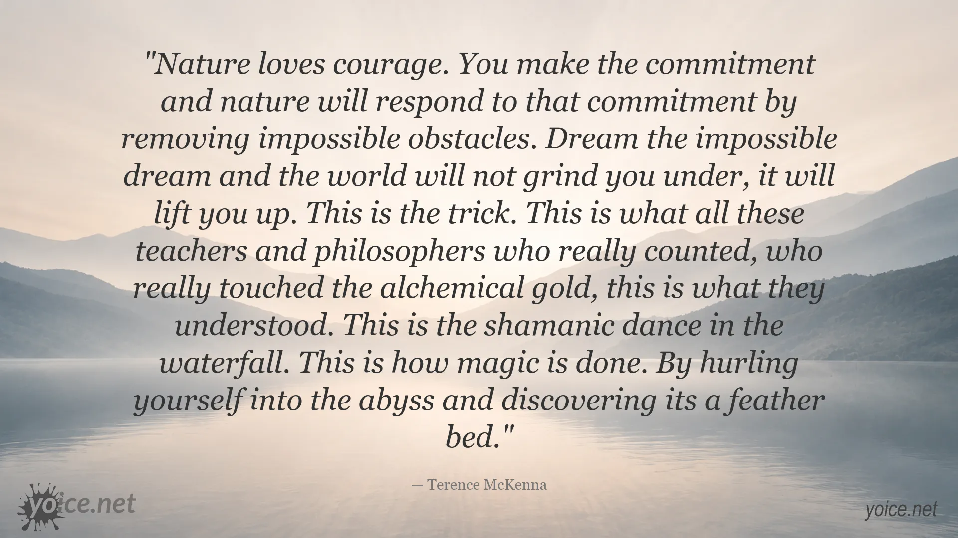 Inspirational courage quote by Terence McKenna about commitment, dreams, and discovering magic