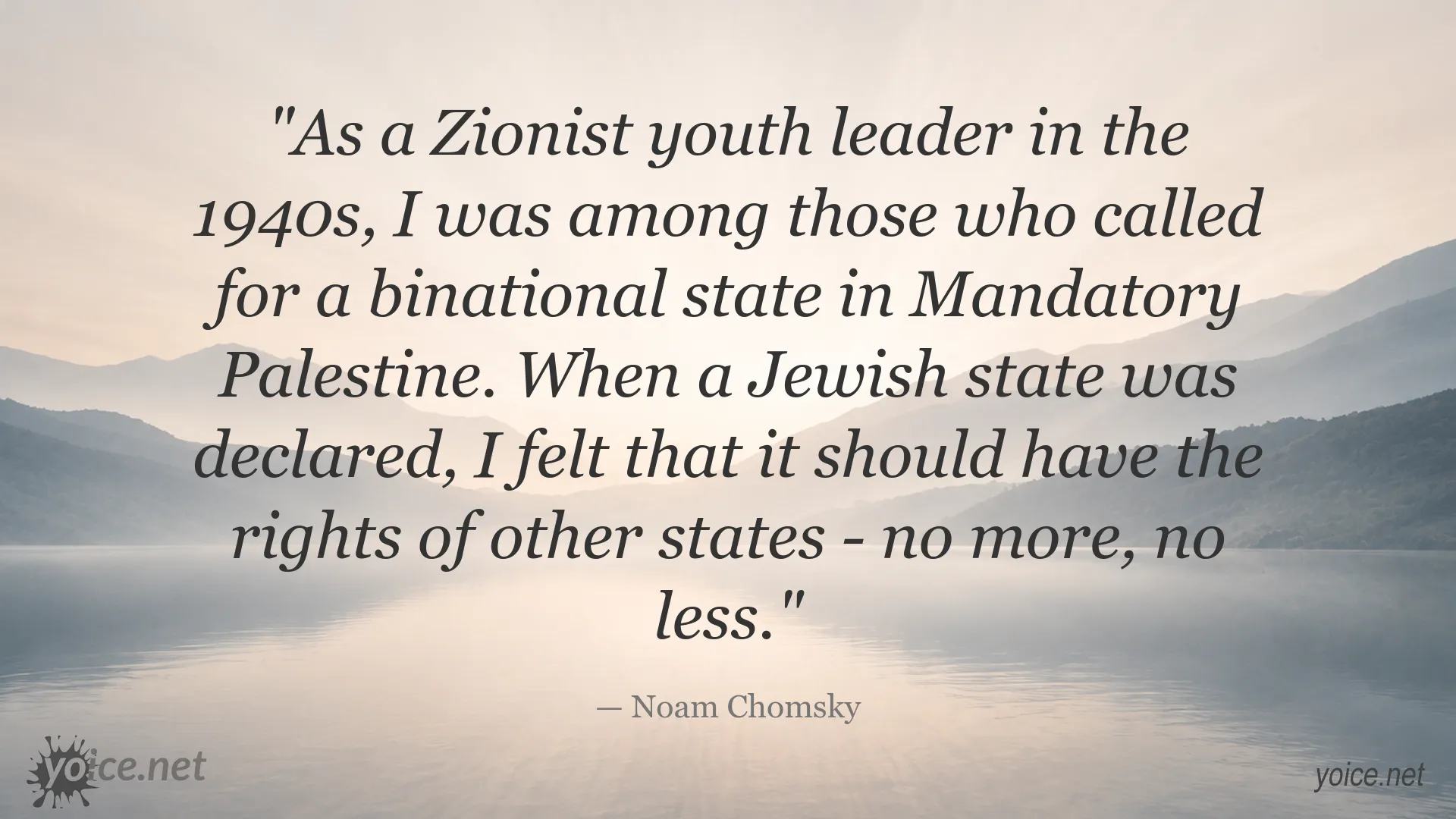 Quote image featuring Noam Chomsky discussing a binational state and equal rights for Israel
