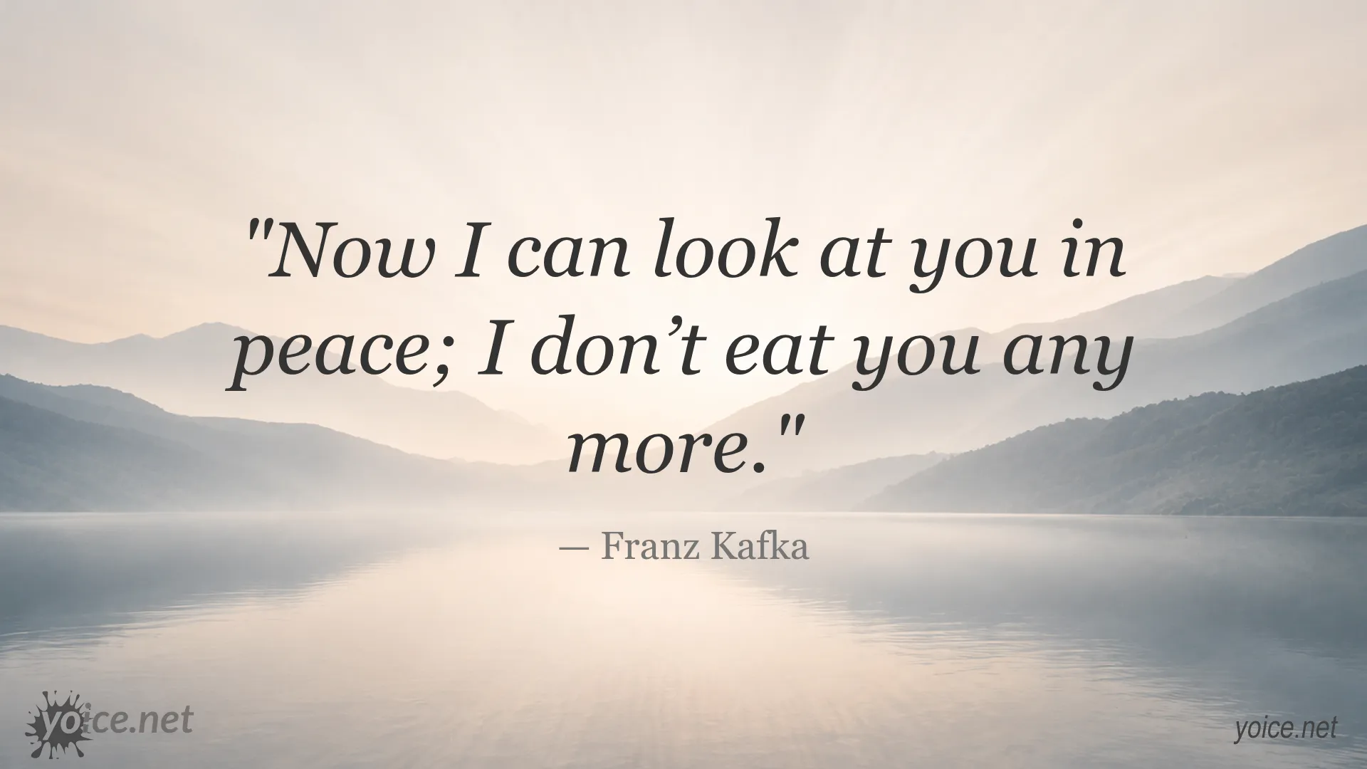 Quote by Franz Kafka: Now I can look at you in peace; I don’t eat you any more.