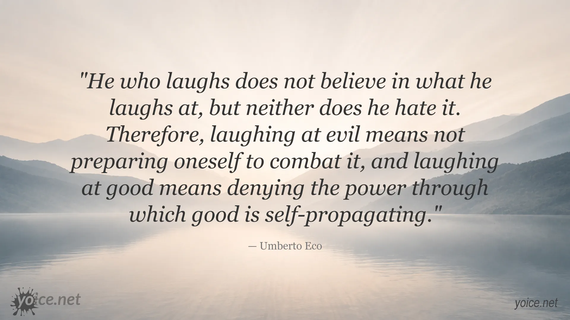 Quote image featuring Umberto Eco on laughter, good, and evil