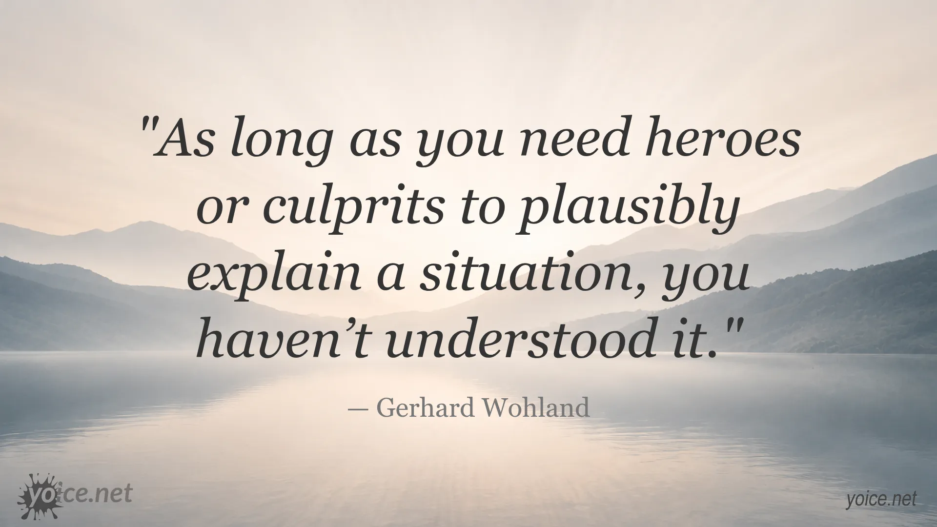 Quote by Gerhard Wohland about understanding situations beyond blaming heroes or culprits